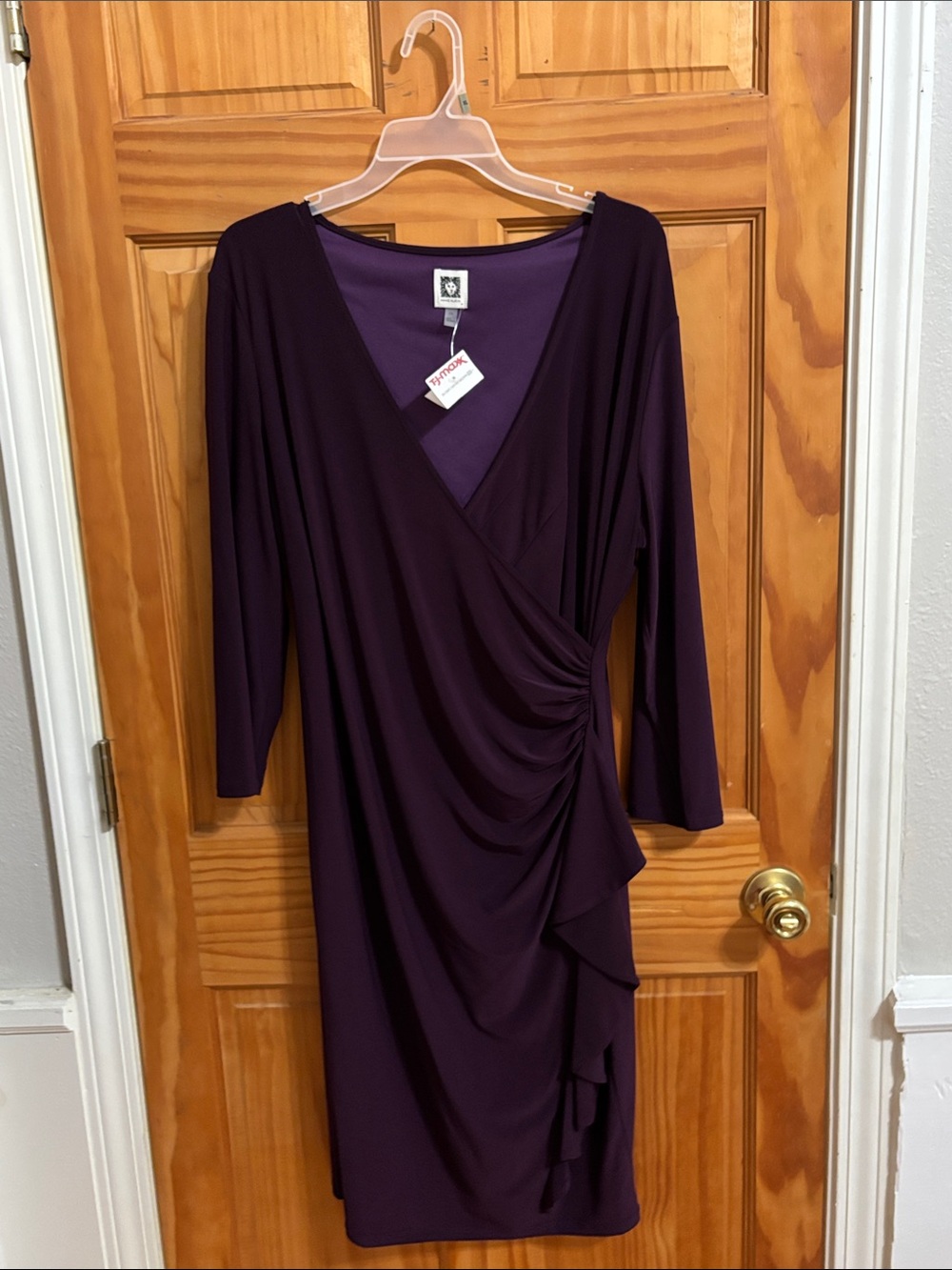 Anne Klein Deep Purple Faux-Wrap Dress with Side Ruching